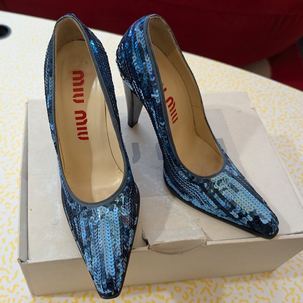 Miu Miu Vintage Y2K Blue Sequin High Heel Pumps 37